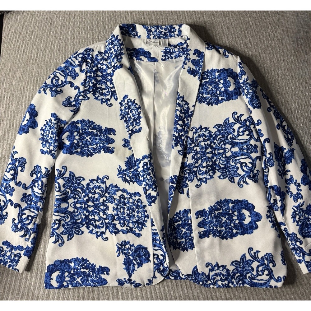 Kim Rogers Women's Open Front Blazer Jacket Size Large Blue And White Floral